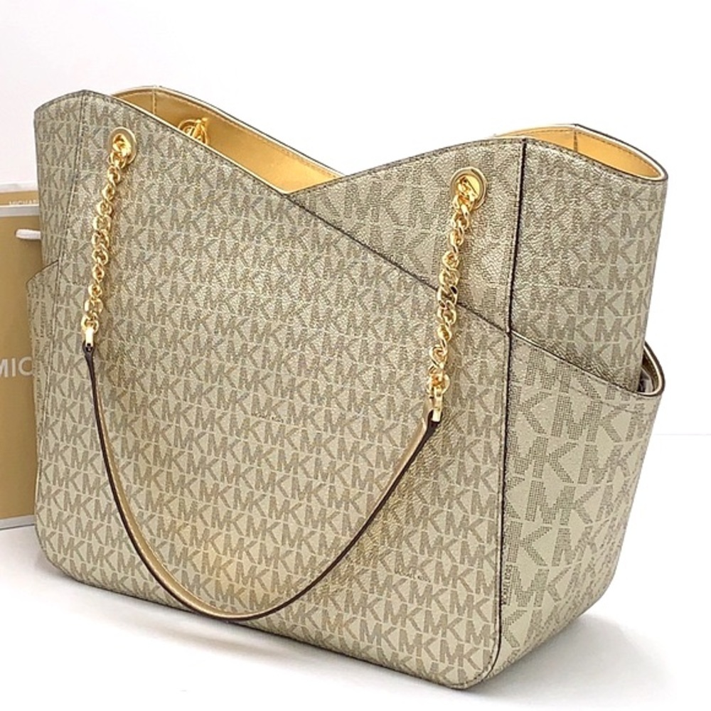 MICHAEL KORS LARGE X CHAIN SHOULDER TOTE BAG PALE GOLD SIGNATURE NWT - Picture 3 of 16